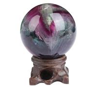 70mm, Decorative Colorful Fluorite Crystal Stone Ball, Green Purple Fluorite Crystal Sphere with Base,Room Home Office Aquarium Decoration