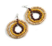 70mm Diameter/Oversized Triple Hoop Wood Bead Earrings in Natural/Brown/Yellow Colours - 90mm Long
