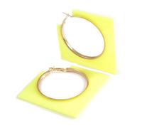 70mm Large Open Cut Square Glossy Acrylic Hoop Earrings in Neon Yellow with Gold Tone Finish