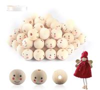 70PCS 20mm Natural Wooden Beads with Faces for Stringing, Natural Wood Beads, Wooden Spheres with Faces for DIY Macrame Decorations Crafting, with 1 Elastic Crystal Cord