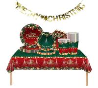 70PCS Christmas Tableware Set, Red & Green Disposable Plates, Napkins, Cups, Tablecloth & Merry Christmas Banner - Xmas Party Dinnerware & Decorations