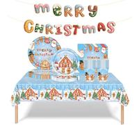 70PCS Gingerbread Man Christmas Tableware Set - Disposable Plates, Napkins, Cups, Tablecloth & Merry Christmas Banner - Xmas Party Table Decorations