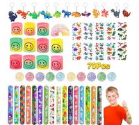 70Pcs Kids Party Bags Fillers for Kids Unisex, Assortment Include Rainbow Circle, Dinosaur Keychain, Clap Ring, Bouncy Ball and Dinosaur Sticker - Fun and Colorful Birthday Gift Party Favors