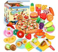 70PCS Kids Pretend Play Food Sets for Children Kitchen Toys Accessories Set BPA Free Plastic Pizza Toy Food Fruits and Vegetables Playset Christmas Birthday Gift Role Play Toys for Kids Boys Girls