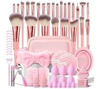 70Pcs Makeup Brush Set Includes 25Pcs Pink Makeup Brushes, Washbag, Triangle Puffs, Finger Puffs, Cleaning Sponge, Makeup Sponges, Cleaning Tool, Headband, Wristbands, and other Eye Makeup Tools