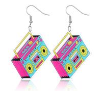 70s 80s 90s Earrings for Women Retro Cassette Tape, Pink Acrylic Drop Earrings Radio Tape Earring for 80s Party Music Festival