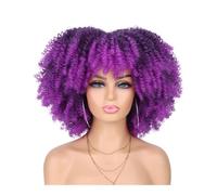 70s 80s Afro Wig for Black Women,Synthetic Short Kinky Curly Wig with Bangs for Daily Party Wear Adds Volume(Ombre purple)