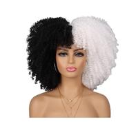 70s 80s Afro Wig for Black Women,Synthetic Short Kinky Curly Wig with Bangs for Daily Party Wear Adds Volume(Black and white)
