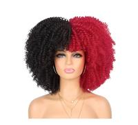 70s 80s Afro Wig for Black Women,Synthetic Short Kinky Curly Wig with Bangs for Daily Party Wear Adds Volume(Black and red)