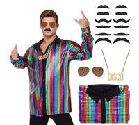 70s 80s Disco Fancy Dress Mens, Men Sequin Shirt Costume Retro Men's Button Down Glitter Shirts with Wig Sunglasses Accessories Set for Funny Outfit Disco Ball Mardi Gras Party (Rainbow, M)