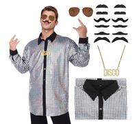 70s 80s Disco Fancy Dress Mens, Men Sequin Shirt Costume Retro Men's Button Down Glitter Shirts with Wig Sunglasses Accessories Set for Funny Outfit Disco Ball Mardi Gras Party (Silver, M)