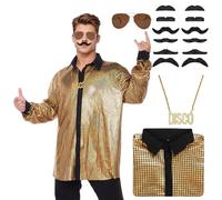 70s 80s Disco Fancy Dress Mens, Men Sequin Shirt Costume Retro Men's Button Down Glitter Shirts with Wig Sunglasses Accessories Set for Funny Outfit Disco Ball Mardi Gras Party (Gold, S)