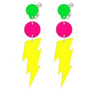 70s 80s Neon Clip On Earrings for Women, Non-Piercing, Colorful Lightning Acrylic Retro Geometric Thunder Flash Drop Earrings for 80s Outfit Glow Party Accessories, Acrylic, No Gemstone