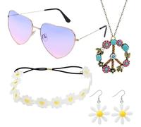 70s Accessories For Women, 70s Fancy Dress Women, Including Necklace, Headband, Earrings, And Glasses, Vintage 60'S Style Hippy Glasses Women Headpiece Fancy Dress Accessories For Party Supplies