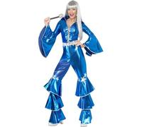 70s Blue Dancing Queen Ladies Fancy Dress 1970s Singer Costume + Microphone