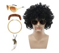 70s Costume Wig for Men, 70s Disco Wig for Men, 5 Pieces Hippie Costume Set | Fancy Dress Accessories Disco Party Supplies Includes Wig Moustache Hip Hop Chain