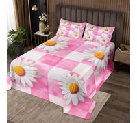 70s Daisy Bedding Set,3D White Daisy Flowers Print Bedspread for Kids Girls Teens,Watercolor Pink Tie Dye Plaid Rustic Coverlet Set with 2 Pillowcases,Double Size 3 Pcs