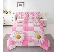 70s Daisy Bedding Sets,3D White Daisy Flowers Print Comforter Set for Kids Girls Teens,Watercolor Pink Tie Dye Plaid Rustic Comforter Duvet Set with 2 Pillowcases Double 3 Pcs