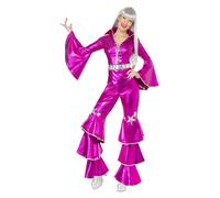 Smiffys 70s Dancing Dream Costume, Pink with Lace Up Jumpsuit, 1970's Disco Fancy Dress, Adult Dress Up Costumes