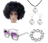 70s Disco Accessories for Women, Disco Jewellery for Women 70s - Rapper Costume Bling 5 Piece 70s Disco Costume Set Necklace Afro Wig Earrings Bracelet for Men and Women
