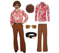 70s Disco Costume Set Hippie Men Outfit with Flared Pants Shirt for 50s 60s 70s Cosplay Halloween Party (2XL)