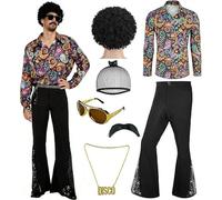 70s Disco Costumes for Men 6 PCS, Include Retro Shirt, Men Bottom Pants, Wig, Sunglasses, Necklace, Beard for Disco Carnival Party (S)