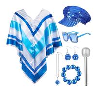 70s Disco Fancy Dress Set for Women, 7PCS Retro Sequin Poncho Costume Accessories with Beret Hat, Square Sunglasses, Glitter Microphone, Earrings and Necklace for 1970s Theme Party Dance Outfit
