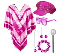70s Disco Fancy Dress Set for Women, 7PCS Retro Sequin Poncho Costume Accessories with Beret Hat, Square Sunglasses, Glitter Microphone, Earrings and Necklace for 1970s Theme Party Dance Outfit (Pink)
