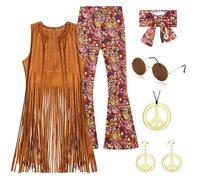 70s Disco Hippie Fancy Dress Outfit for Women - Fringe Vest and Flared Pants with Accessories for Adult Halloween