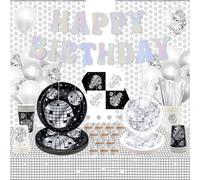 70s Disco Party Supplies Tableware, Includes Banners, Plates, Cupcake Toppers, Napkins, Cups, Tablecloths, Disco Ball Foil Curtain, for Disco Birthday Picnic Travel Decorations Serves 20 (Set A)