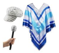 70s Disco Pop Star Costume - Blue Poncho, Silver Sequin Hat & Glitter Mic - Funny Fancy Dress for Eurovision, Karaoke, Stag Dos & Themed Parties