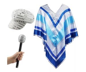 70s Disco Pop Star Costume - Blue Poncho, Silver Sequin Hat & Glitter Mic - Funny Fancy Dress for Eurovision, Karaoke, Stag Dos & Themed Parties