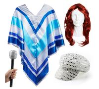 70'S DISCO QUEEN COSTUME EUROVISION FANCY DRESS PONCHO CAPE WIG HAT MICROPHONE