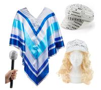 70'S DISCO QUEEN COSTUME EUROVISION FANCY DRESS PONCHO CAPE WIG HAT MICROPHONE