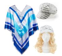 70'S DISCO QUEEN COSTUME PONCHO HAT BLONDE WIG 1970'S EUROVISION FANCY DRESS