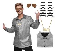 70s Fancy Dress Disco Mens, 80s Men Sequin Shirt Costume Retro Men's Button Down Glitter Shirts Sunglasses Wig Accessories Set Funny Outfit Mardi Gras Halloween Party (BlackGold, 2XL)