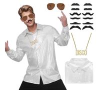 70s Fancy Dress Disco Mens, 80s Men Sequin Shirt Costume Retro Men's Button Down Glitter Shirts Sunglasses Accessories Set Funny Outfit Mardi Gras Halloween Party (White, M)