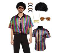 70s Fancy Dress Mens 5PCS 70s Shirts for Men with Disco Accessories Wig, Sunglasses, Fake Beard Disco Necklace, Abba Fancy Dress Costume Men Set for 60s 70s Party (Multicolour, M)