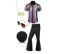 70s Fancy Dress Mens 5PCS 70s Shirts for Men with Disco Accessories Wig, Sunglasses, Fake Beard Disco Necklace, Abba Fancy Dress Costume Men Set for 60s 70s Party 8u20