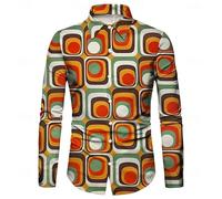 70S Fancy Dress Mens Disco Retro Traditional Pattern Printed Long Sleeve Button Down Shirt 80s Dance Party Dress Halloween Rock Costume for Adults Themed Nights