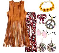 70s Fancy Dress Women Disco Hippie Clothes Fringe Vest with Flared Trousers & 70s Accessories Hippie Costume Ladies Hippy 70s 60s Fancy Dress for Women Halloween Outfits (M)