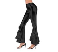 70s Flared Trousers Women's Metallic Shiny Flared Trousers Glitter Leggings High Waistband Boot Cut Long Trouser Slim Leggings Wet Look Stretch Dance Trouser Party Disco Clubwear New Year Day Black
