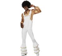 Smiffys 70s Glam Costume, White Shirt & Dungarees, 1970's Disco Fancy Dress, 1970s Dress Up Costumes