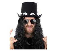 70s Glam Rock Kit Hat & Black Crimped Wig Mens Fancy Dress Punk Gothic