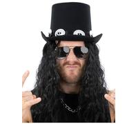 70s Glam Rock Kit Hat with Hair and Specs Classic Rockstar Fancy Dress Accessory for Adults Includes Black Top Hat Long Curly Wig and Aviator Sunglasses Ideal for Costumes Parties and Festivals