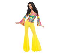 Smiffys 70s Groovy Babe Costume, Yellow with Top and Flared Trousers, 1970's Disco Fancy Dress, 1970s Dress Up Costumes