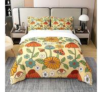 70S Groovy Flower 100% Cotton Duvet Cover Single for Kids Girls,Boho Abstract Psychedelic Style Comforter Cover Retro Surreal Floral Eyes Pattern Bedding Set Botanical Blossom Hippie Room Decor