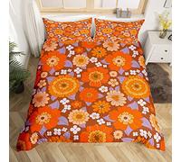70S Groovy Flowers Boho Bedding Set Single Hippie Vintage Floral Comforter Cover Retro Sunflowers Dahlias Duvet Cover For Girls Teen Women,Psychedelic Aesthetic Quilt Cover Zipper 2 Pcs Colorful