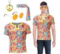 70s Hippie Costume For Men, Carnival Fancy Dress For Adults, Halloween Costumes For Men, 60s Disco Outfits Hippie Clothes T-Shirt Abba Accessories Set Headband Necklace For Dress Up Theme Party (L)