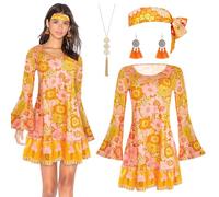 70s Hippie Dress Costume for Women, Hippy Accessories Set Fancy Dress with Boho Sunflower Dress Headband Boho Earring Necklace, Vintage 60s 70s Hippy Outfits Floral Clothes for Halloween Carnival